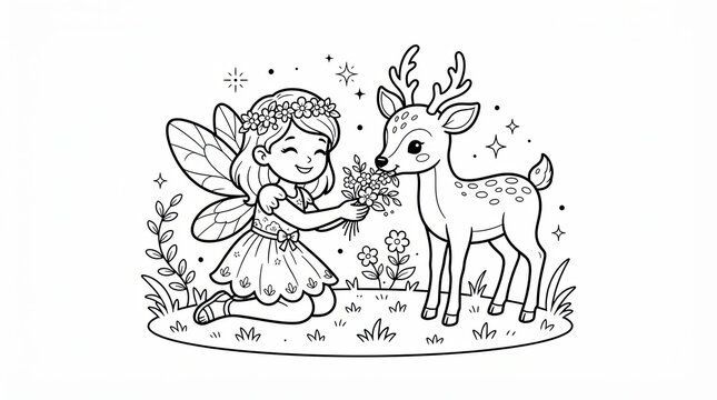 Cute little fairy girl giving flowers to a small deer in a magical garden drawing