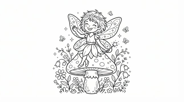 Cute little fairy sitting on a mushroom in a garden for coloring page for children
