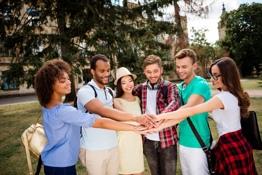 Diverse college students joining hands in campus unity and teamwork, smiling young friends enjoying campus life outdoors