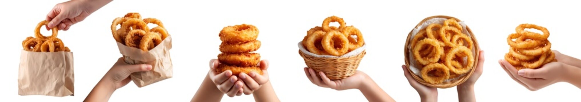 Set of hand holding crispy calamari squid onion rings, pile stack of golden fried battered breaded crunchy, rattan basket, takeout brown paper, transparent cutout PNG Mockup