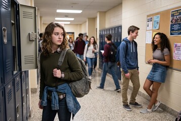 Obraz premium A teenager stands by a row of lockers in a school hallway. Friends chat and laugh in the background. It is lunchtime, and students move around in a busy environment