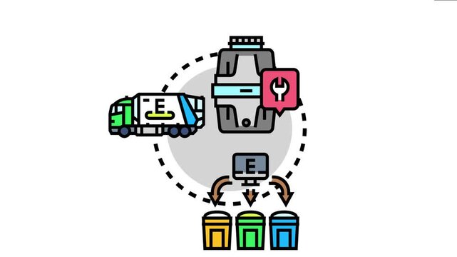 Merchandise disposal process showing waste products being collected, sorted into recycling bins, and transported by a specialized garbage truck for environmental management