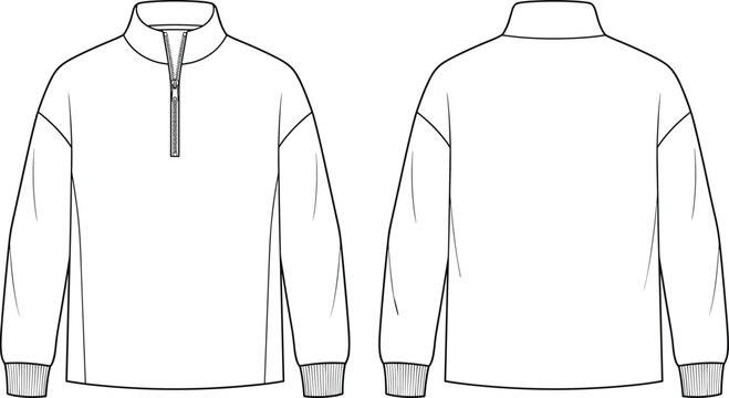 Fashion flat sketch template of a quarter zip pullover sweatshirt with a high collar