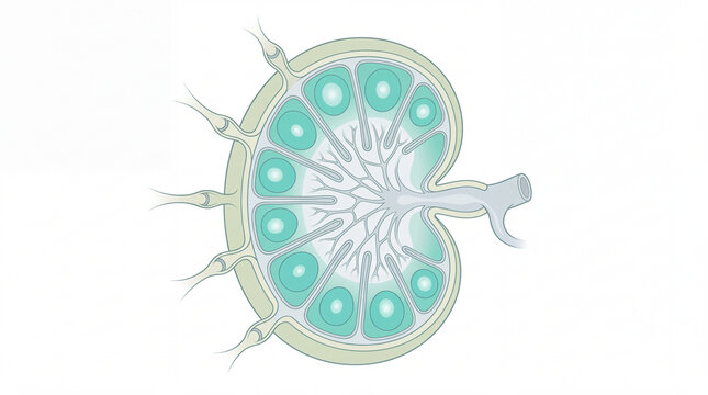 Lymph node cross section diagram showing internal anatomy, cortex follicles, and lymphatic vessels in clean green tones on white for medical education, immunology, and biology infographics