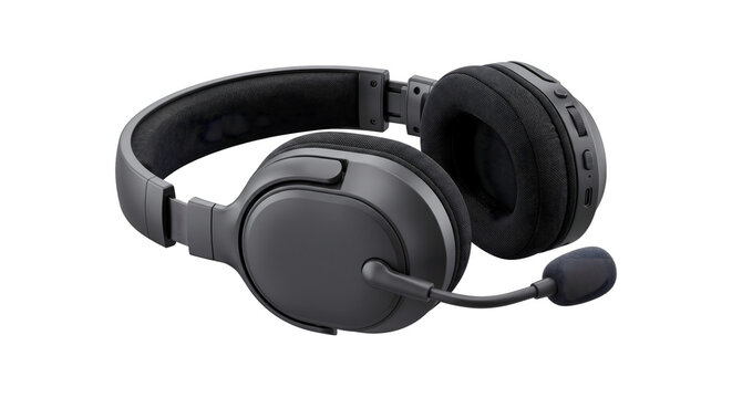 Black wireless gaming headset with microphone transparent png isolated on transparent background.