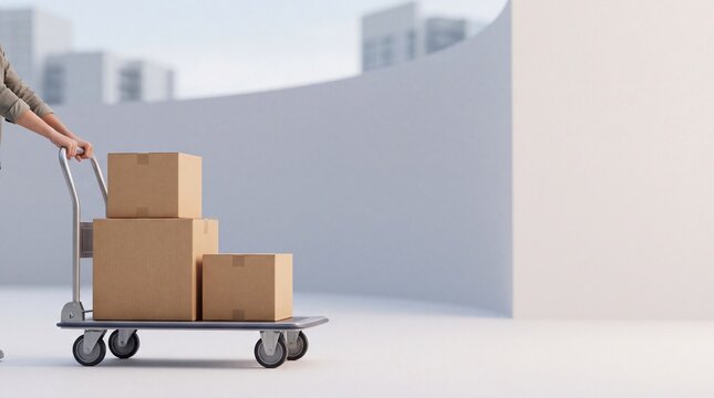 Person pushing a metal trolley with stacked cardboard boxes in a bright environment