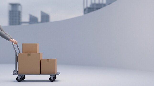 Person pushing a metal trolley with cardboard boxes in a minimalist building hall