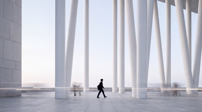 Businessman Walking Past Modern Architectural White Columns