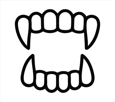Black and white illustration of vampire fangs and teeth isolated on white