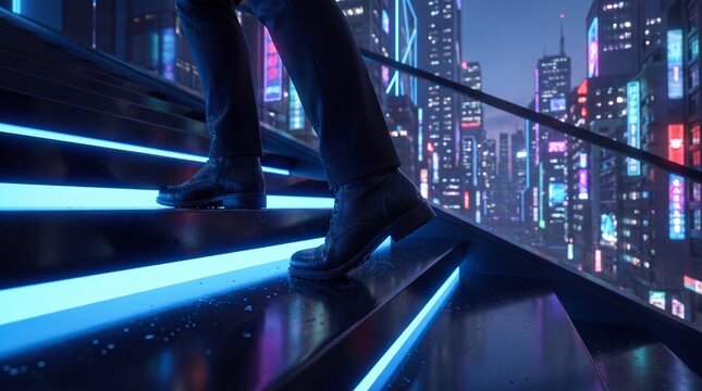 Businessman Walking Up Stairs in Futuristic City