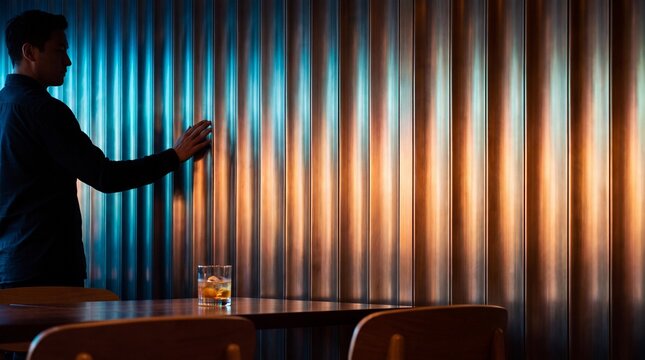 Person touching a corrugated metal wall with blue and orange lighting and a glass