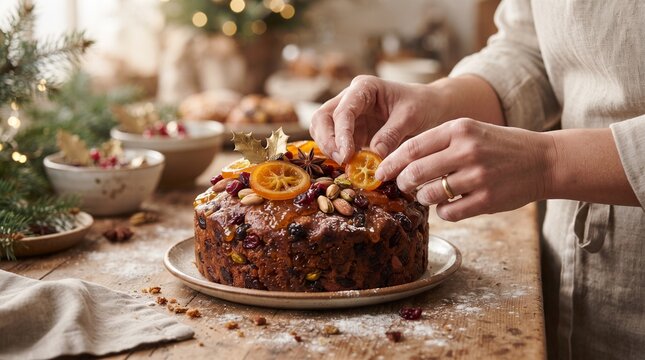 Close-up of a baker decorating a luxurious Christmas fruitcake with candied citrus, cranberries and pistachios.