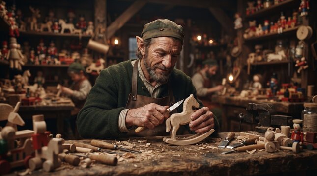 Realistic Christmas workshop scene showing an elf artisan handcrafting a wooden toy with traditional tools and natural materials.