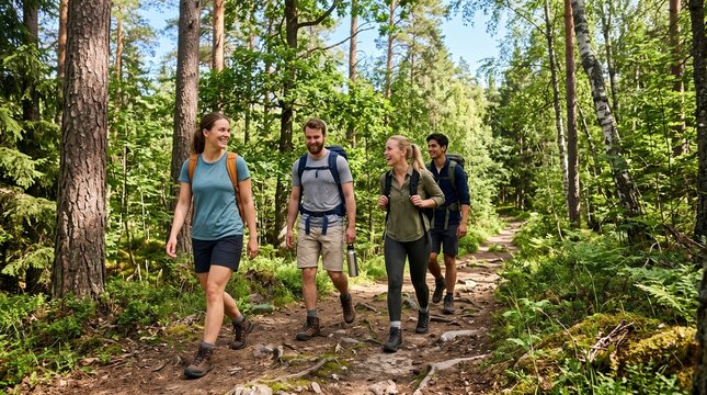 Group of friends hiking on a forest trail enjoying nature and outdoor activity