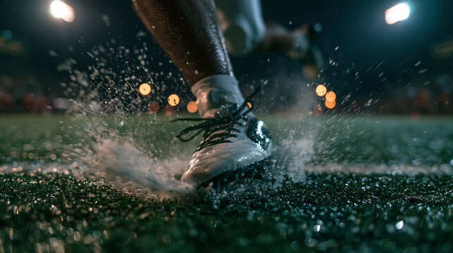 Soccer Player Running on Wet Pitch with Water Splashing