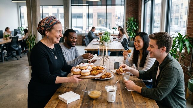 Diverse colleagues celebrate Hanukkah with sufganiyot and latkes in a modern office setting