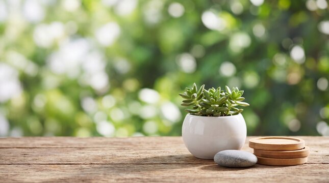 Potted succulent plant with stacked wooden coasters and a gray stone on a rustic wooden surface
