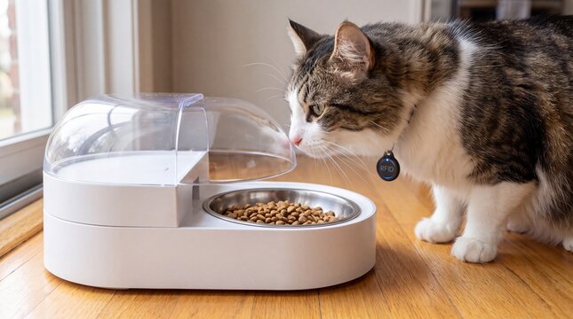 automated pet care, a fluffy domestic cat with an rfid collar eagerly approaches a sleek pet feeder