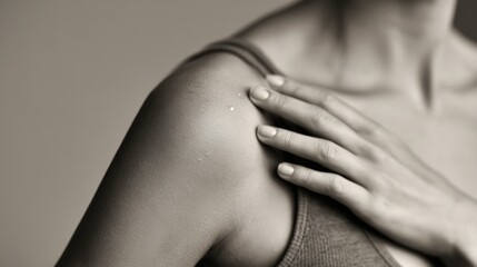 Obraz premium Woman touching shoulder in minimal monochrome body care concept