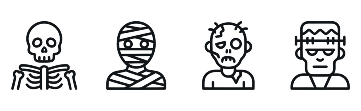 Classic halloween monsters icon set including skeleton mummy zombie and frankenstein