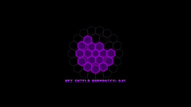 Digital interface display featuring a glowing purple hexagonal grid pattern with a loading progress status on a black background