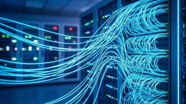 Server room with glowing blue fiber optic cables connected to racks of data center hardware