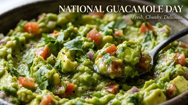 Bowl of fresh homemade guacamole with chopped tomatoes and cilantro