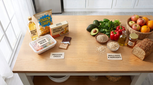 Conceptual food comparison showing a bottle of palm oil and various processed foods on one side, contrasted with fresh vegetables, fruits, whole grains, and natural