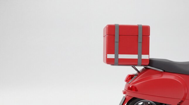 Side view of a red delivery scooter with a large square cargo box on a plain white background