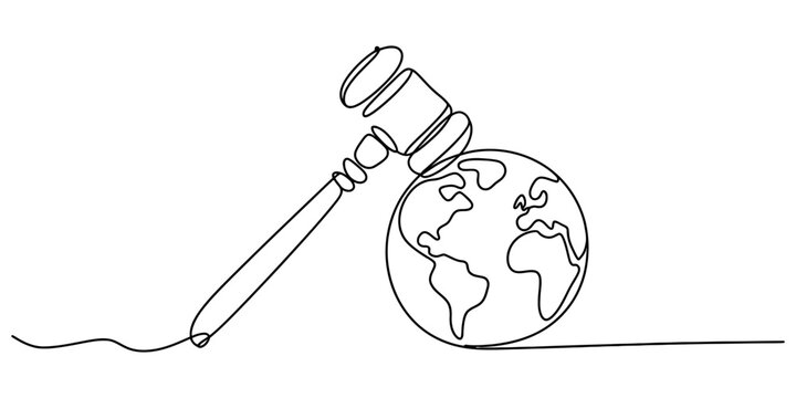 Continuous line drawing of justice gavel hitting planet earth globe in black contour line on white background for global law concept.
