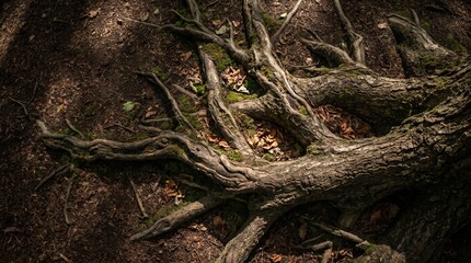 Fototapeta premium Top view of twisted tree roots spreading on forest ground with moss and fallen leaves. Symbol of stability and growth. Useful for environment, ecology and background design.