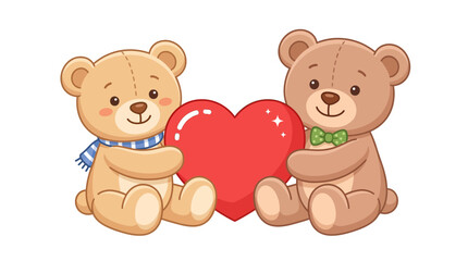 Fototapeta premium Two cute teddy bears holding a large red heart together on white background