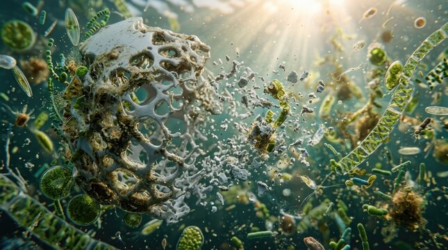 Microplastic skeletal collapse underwater, porous polymer fragment disintegrating into marine biofilm, algae and bacteria recolonizing synthetic residue during oceanic bioremediation.