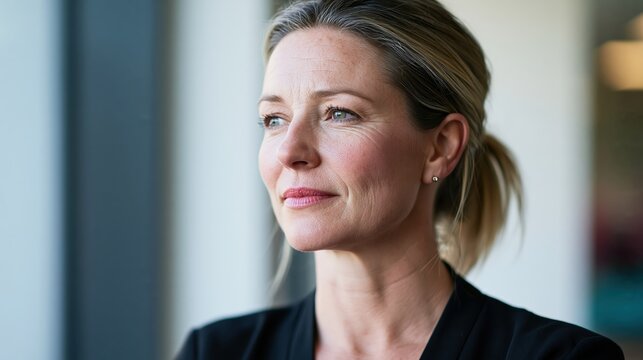 Female school administrator in profile by large window with confident expression