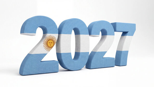 Year 2027 numbers rendered in three dimensions with the national flag pattern of Argentina on white.