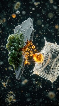 Ideonella sakaiensis biofilm degrading pet microplastic into organic droplet, transferred toward marine diatom, visualizing plastic carbon assimilation inside oceanic food web.