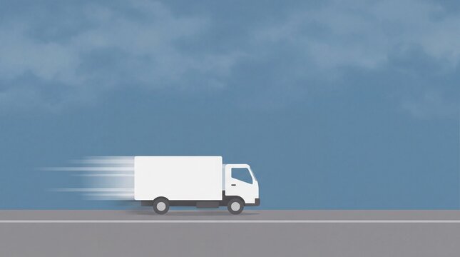 White delivery truck moving fast on a road with motion blur and gray cloudy sky vehicle