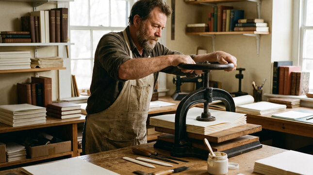 Bookbinder using a vintage book press to flatten paper pages in traditional workshop. Concept of artisan, presses, folded, bookbinding, craft.