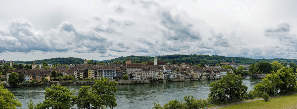 Rheinfelden (Aargau) in Swiss Confederation. The old medieval town along the left bank of the Rhine seen from the town of Rheinfelden (Baden) in southwest of Baden-W&uuml;rttemberg (Germany)
