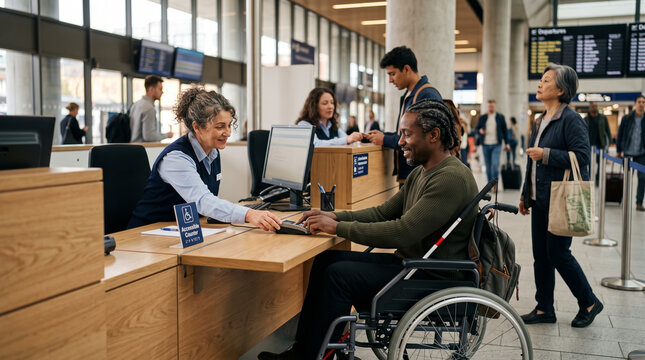 Disabled commuter in wheelchair paying at accessible service counter in modern train station. Concept of lowered, accessibility, customer service, disabled person, airport.