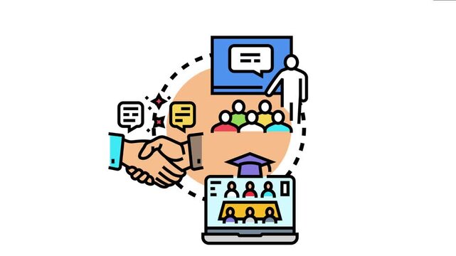Mentorship and academic training hubs showing people learning in a classroom, collaborating through a handshake, and participating in online education via a laptop
