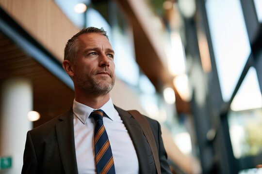School principal walking confidently in modern sunlit atrium