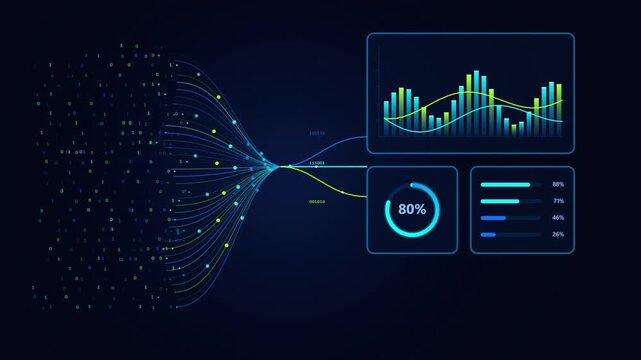 Abstract digital data processing visualization with binary code streams, charts, and analytics dashboard on dark blue background