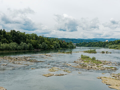 View from the Rheinfelden Power Station of the Rhine at low water, from which emerge shell limestone rocks forming a valuable habitat for aquatic wildlife
