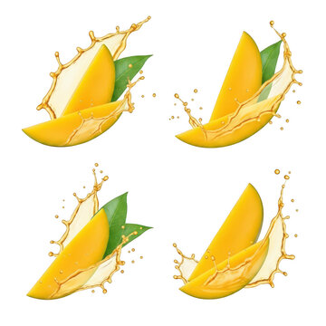 Four vibrant illustrations of a ripe mango with a green leaf on top.