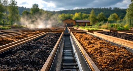 Fototapeta premium Organic Compost Beds With Dark Soil And Lighter Wood Chips In An Outdoor Garden Setting