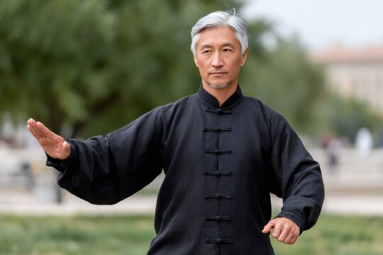 Senior asian man practicing tai chi outdoors in nature