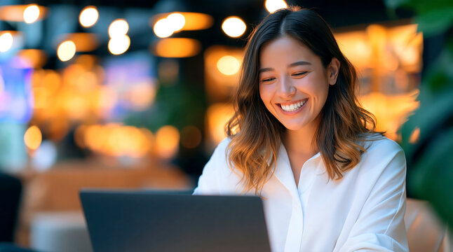 Happy Young Asian Woman Smiling While Looking At Laptop Screen In A Cafe