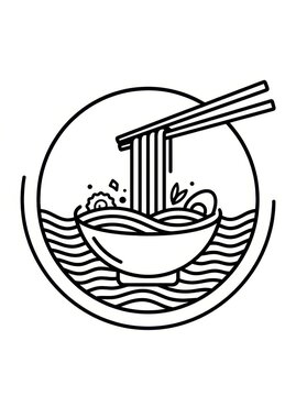 Minimalist Ramen Bowl Line Art Illustration with Chopsticks and Noodles in Circular Frame for Logo or Icon Design