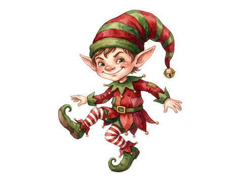 Playful watercolor illustration of a cheerful christmas elf dancing in a striped costume with christmas character watercolor cheerful mythical